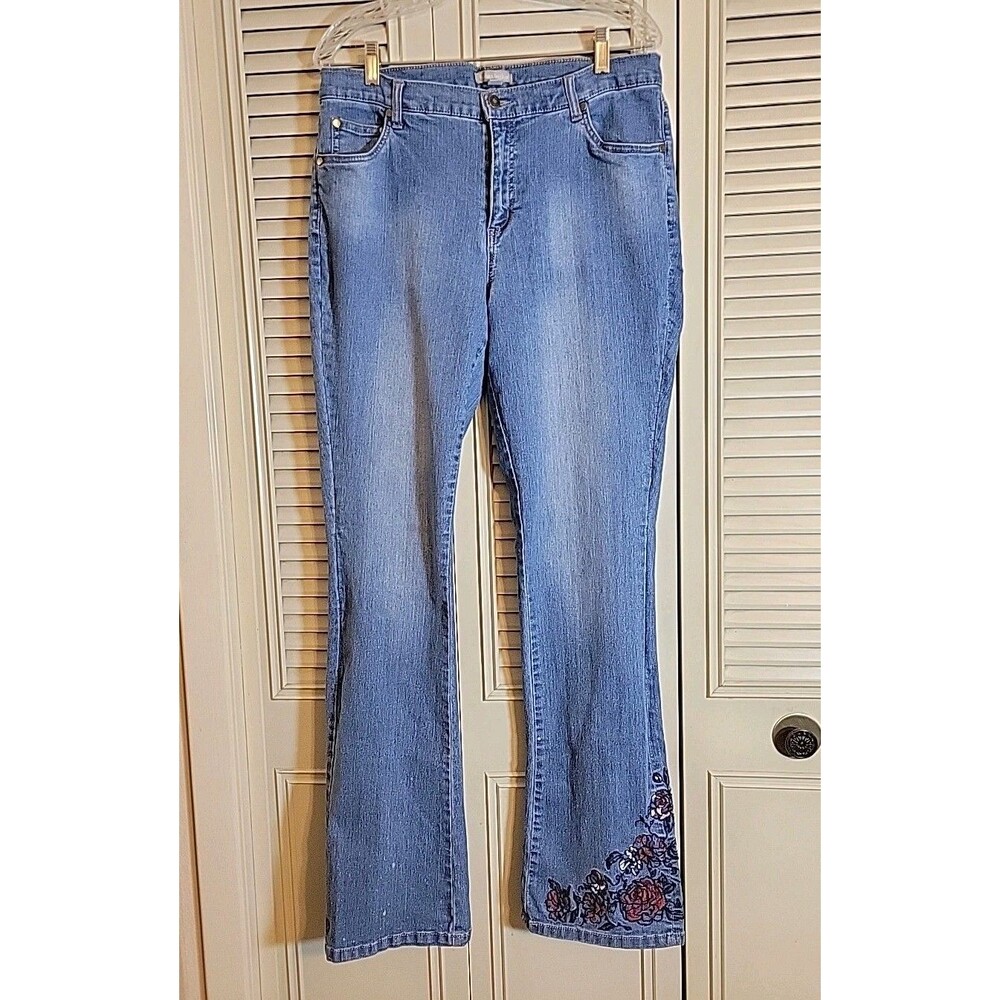 Woman Within Embroidered Stretch Blue Denim Jeans ~ Flair Bottom ~Size 14W TALL